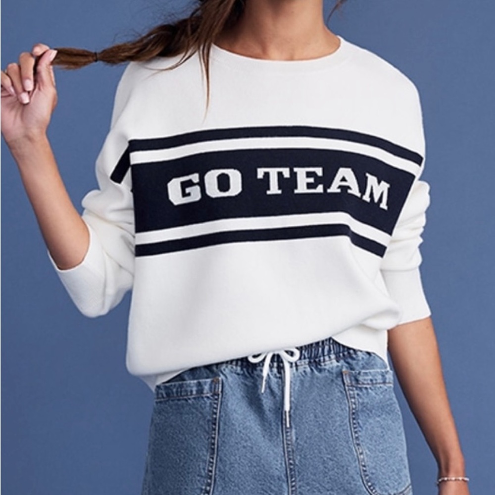 NWT Francesca's Collections “Go Team” Game Day White and Navy Sweater Size M